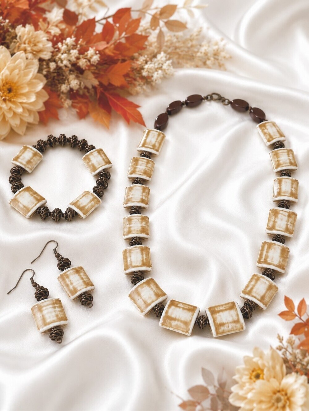 Earthy Brown & Cream Beaded Jewelry Set - Picture 2 of 9